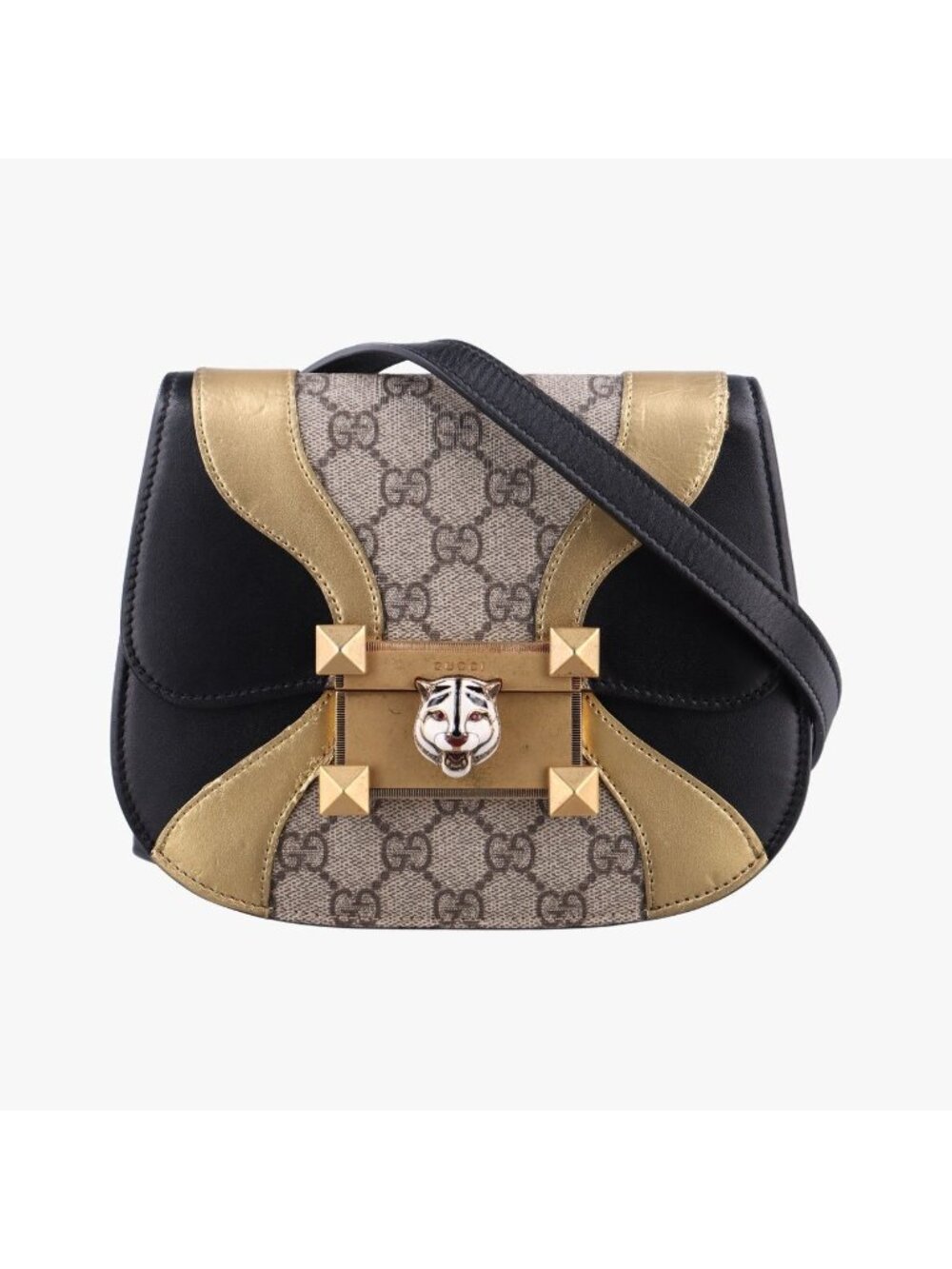 Gucci Ojiride Beige Black Gold Leather Shoulder Bag